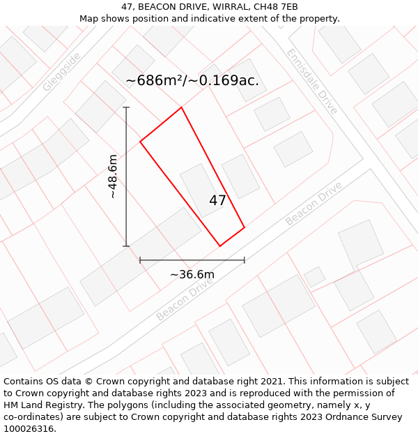 47, BEACON DRIVE, WIRRAL, CH48 7EB: Plot and title map