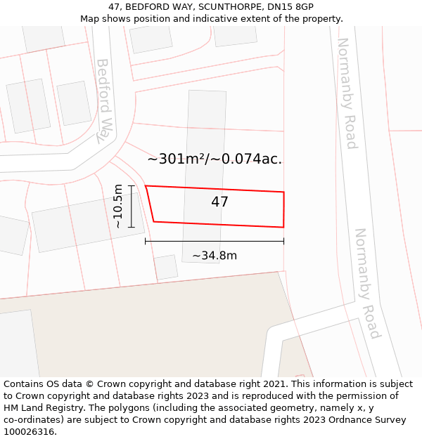 47, BEDFORD WAY, SCUNTHORPE, DN15 8GP: Plot and title map