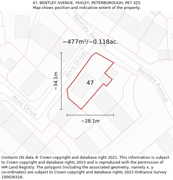 47, BENTLEY AVENUE, YAXLEY, PETERBOROUGH, PE7 3ZS: Plot and title map