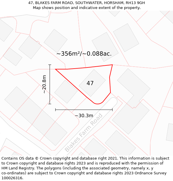 47, BLAKES FARM ROAD, SOUTHWATER, HORSHAM, RH13 9GH: Plot and title map