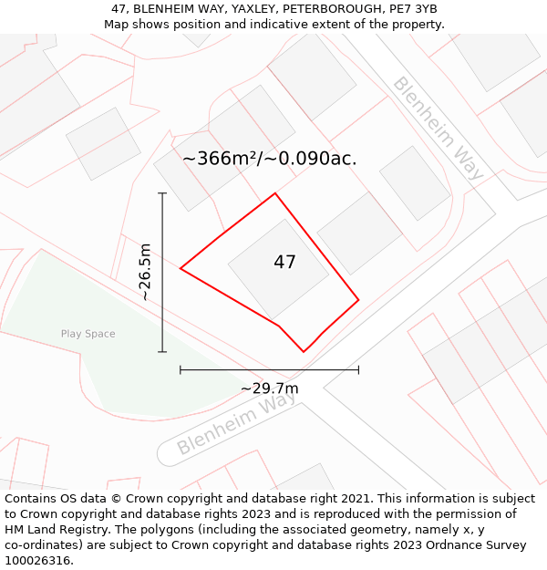 47, BLENHEIM WAY, YAXLEY, PETERBOROUGH, PE7 3YB: Plot and title map