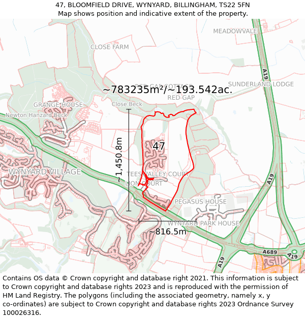 47, BLOOMFIELD DRIVE, WYNYARD, BILLINGHAM, TS22 5FN: Plot and title map