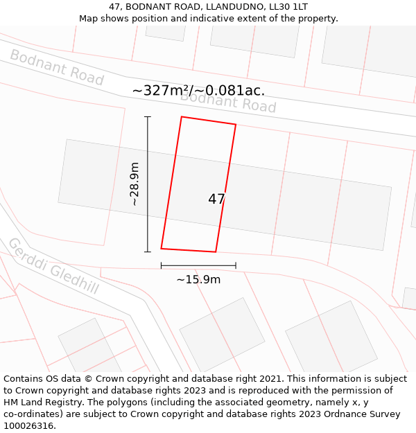 47, BODNANT ROAD, LLANDUDNO, LL30 1LT: Plot and title map