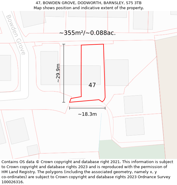 47, BOWDEN GROVE, DODWORTH, BARNSLEY, S75 3TB: Plot and title map