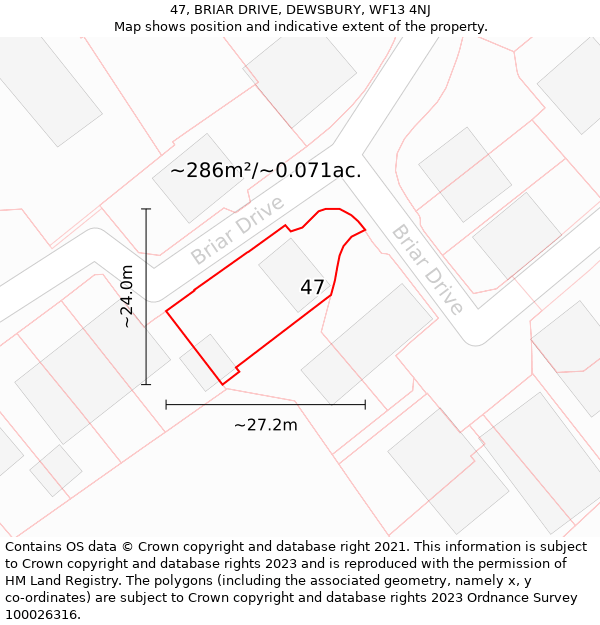 47, BRIAR DRIVE, DEWSBURY, WF13 4NJ: Plot and title map