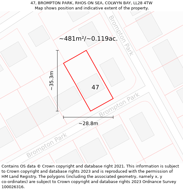 47, BROMPTON PARK, RHOS ON SEA, COLWYN BAY, LL28 4TW: Plot and title map