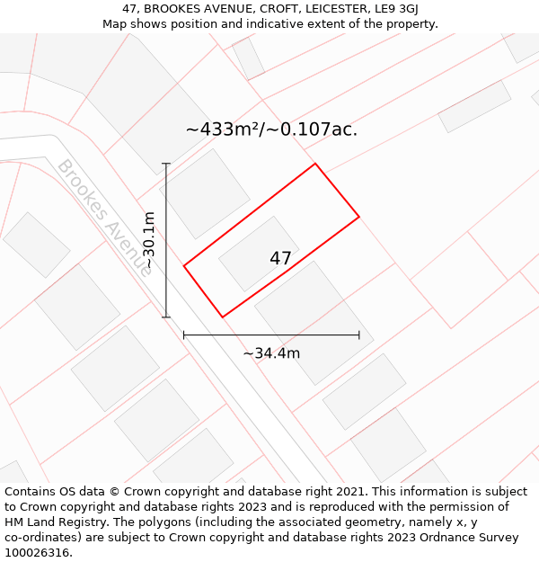 47, BROOKES AVENUE, CROFT, LEICESTER, LE9 3GJ: Plot and title map