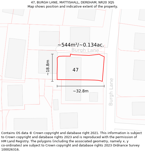 47, BURGH LANE, MATTISHALL, DEREHAM, NR20 3QS: Plot and title map