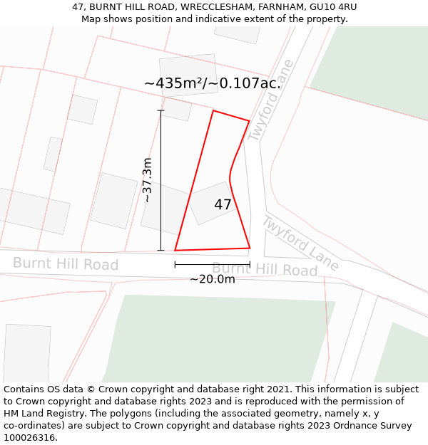 47, BURNT HILL ROAD, WRECCLESHAM, FARNHAM, GU10 4RU: Plot and title map