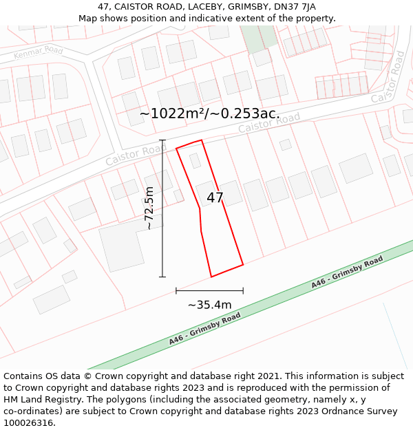 47, CAISTOR ROAD, LACEBY, GRIMSBY, DN37 7JA: Plot and title map