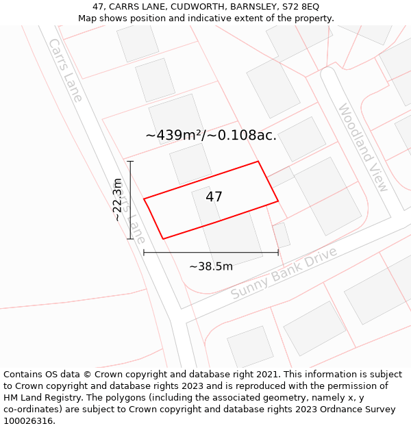 47, CARRS LANE, CUDWORTH, BARNSLEY, S72 8EQ: Plot and title map