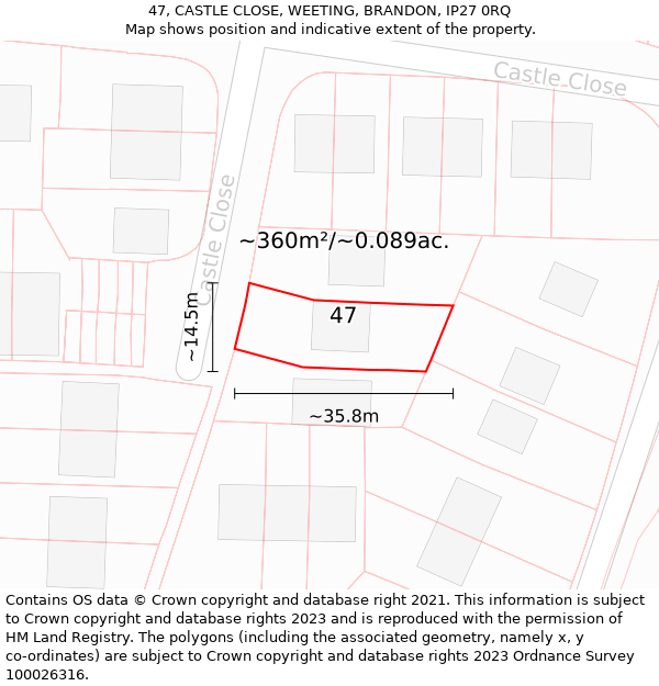 47, CASTLE CLOSE, WEETING, BRANDON, IP27 0RQ: Plot and title map