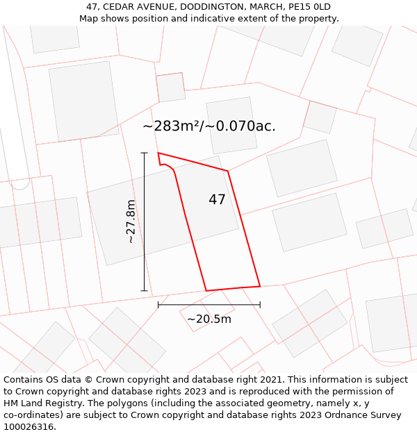 47, CEDAR AVENUE, DODDINGTON, MARCH, PE15 0LD: Plot and title map