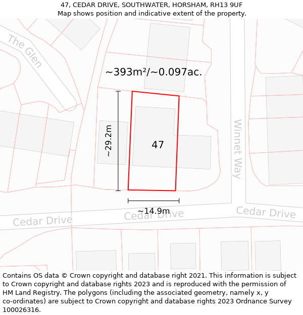 47, CEDAR DRIVE, SOUTHWATER, HORSHAM, RH13 9UF: Plot and title map