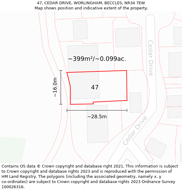 47, CEDAR DRIVE, WORLINGHAM, BECCLES, NR34 7EW: Plot and title map