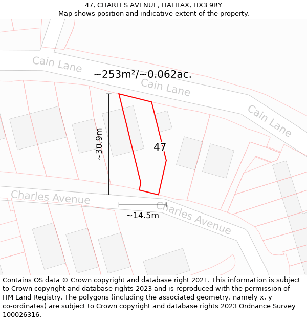 47, CHARLES AVENUE, HALIFAX, HX3 9RY: Plot and title map