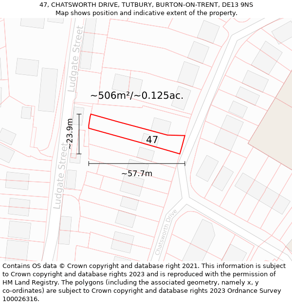 47, CHATSWORTH DRIVE, TUTBURY, BURTON-ON-TRENT, DE13 9NS: Plot and title map