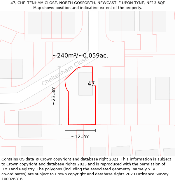 47, CHELTENHAM CLOSE, NORTH GOSFORTH, NEWCASTLE UPON TYNE, NE13 6QF: Plot and title map