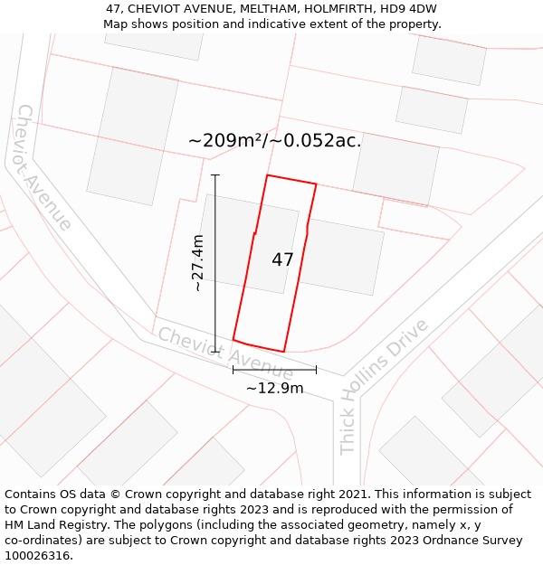 47, CHEVIOT AVENUE, MELTHAM, HOLMFIRTH, HD9 4DW: Plot and title map