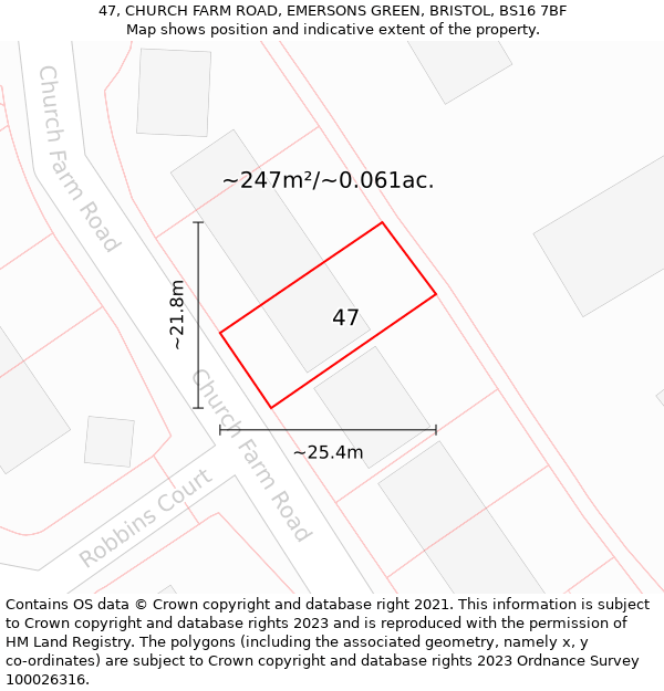 47, CHURCH FARM ROAD, EMERSONS GREEN, BRISTOL, BS16 7BF: Plot and title map