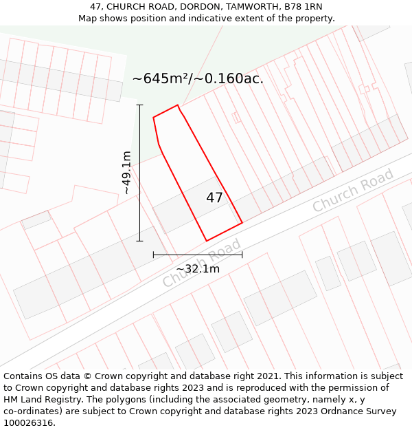 47, CHURCH ROAD, DORDON, TAMWORTH, B78 1RN: Plot and title map