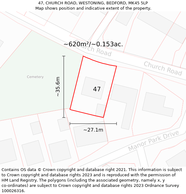 47, CHURCH ROAD, WESTONING, BEDFORD, MK45 5LP: Plot and title map