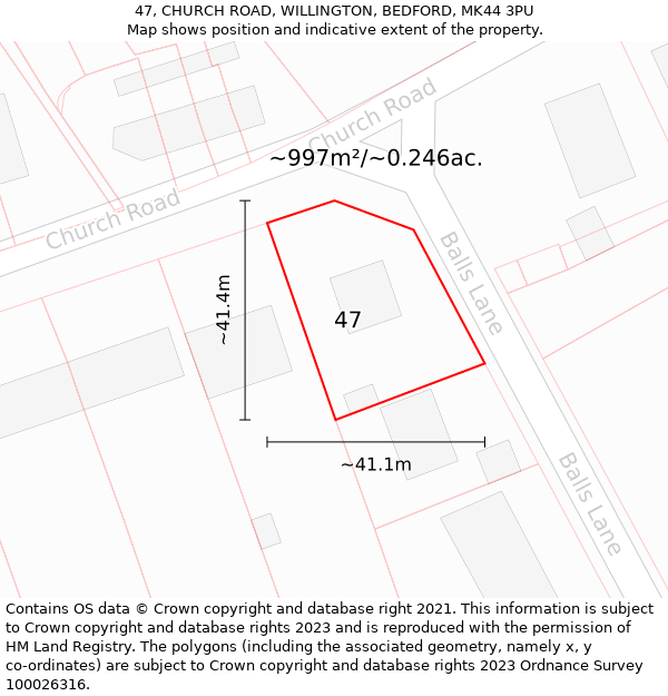 47, CHURCH ROAD, WILLINGTON, BEDFORD, MK44 3PU: Plot and title map