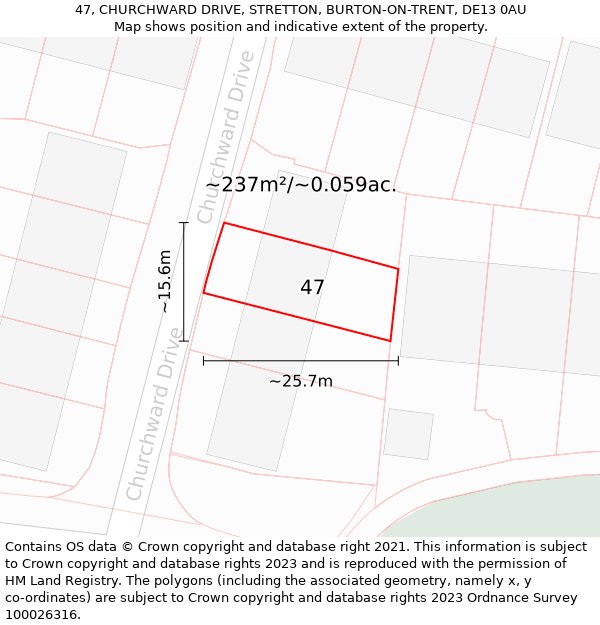 47, CHURCHWARD DRIVE, STRETTON, BURTON-ON-TRENT, DE13 0AU: Plot and title map