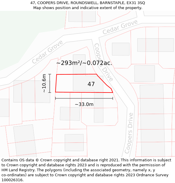 47, COOPERS DRIVE, ROUNDSWELL, BARNSTAPLE, EX31 3SQ: Plot and title map