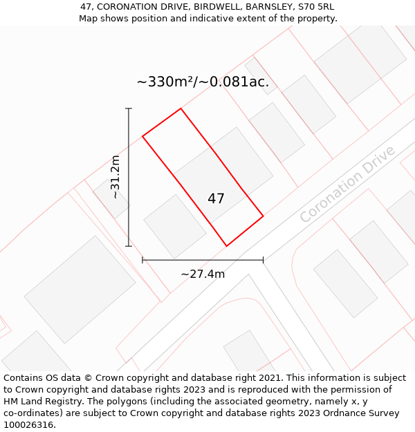 47, CORONATION DRIVE, BIRDWELL, BARNSLEY, S70 5RL: Plot and title map