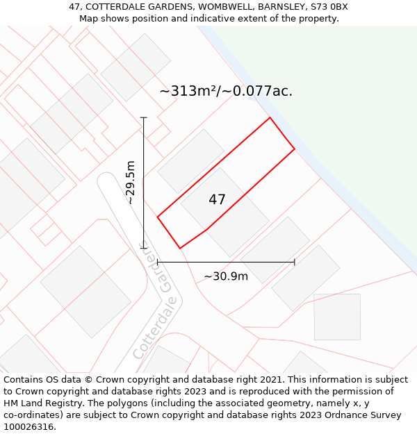 47, COTTERDALE GARDENS, WOMBWELL, BARNSLEY, S73 0BX: Plot and title map