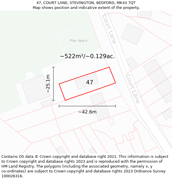 47, COURT LANE, STEVINGTON, BEDFORD, MK43 7QT: Plot and title map