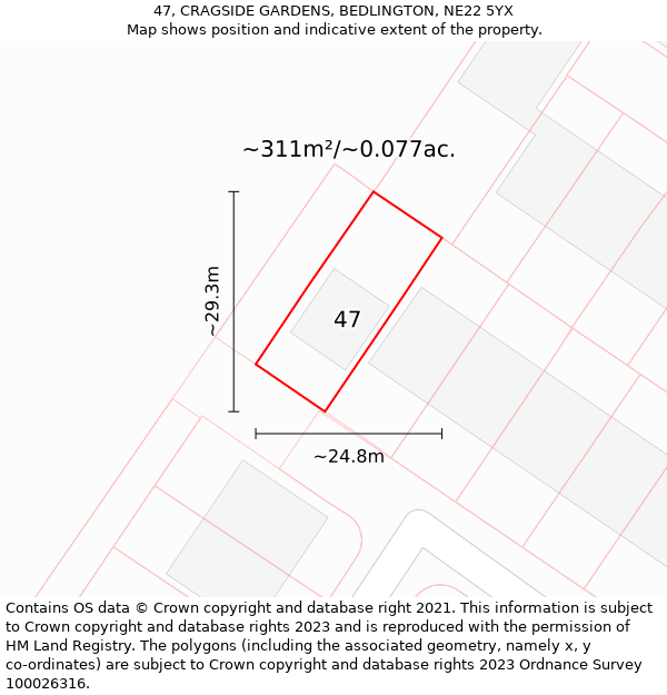 47, CRAGSIDE GARDENS, BEDLINGTON, NE22 5YX: Plot and title map