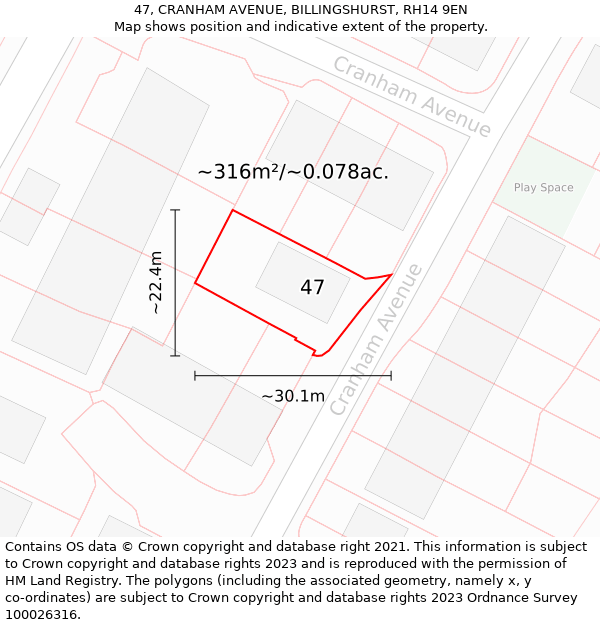 47, CRANHAM AVENUE, BILLINGSHURST, RH14 9EN: Plot and title map