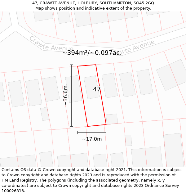 47, CRAWTE AVENUE, HOLBURY, SOUTHAMPTON, SO45 2GQ: Plot and title map