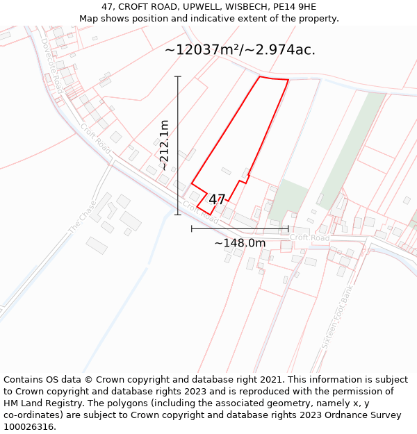 47, CROFT ROAD, UPWELL, WISBECH, PE14 9HE: Plot and title map