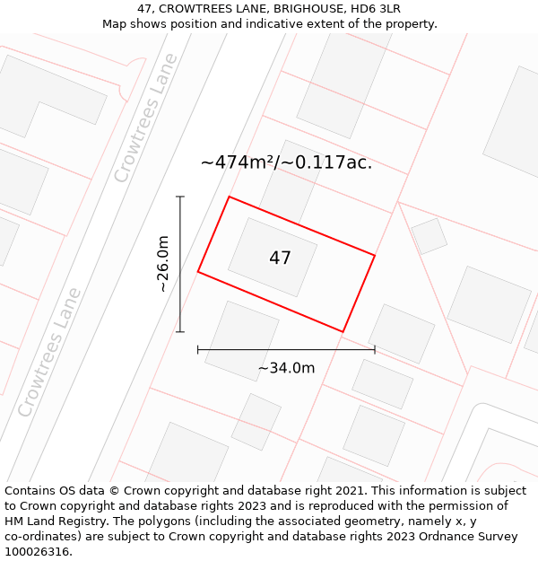 47, CROWTREES LANE, BRIGHOUSE, HD6 3LR: Plot and title map