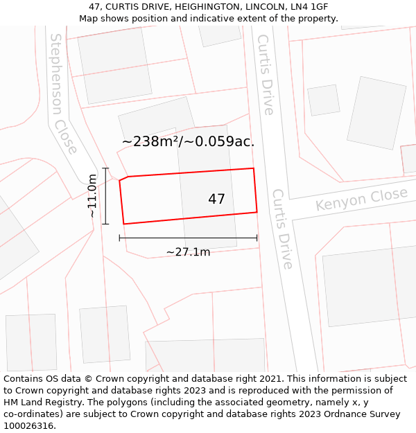 47, CURTIS DRIVE, HEIGHINGTON, LINCOLN, LN4 1GF: Plot and title map