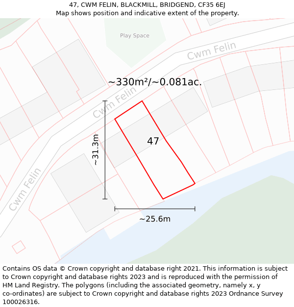 47, CWM FELIN, BLACKMILL, BRIDGEND, CF35 6EJ: Plot and title map