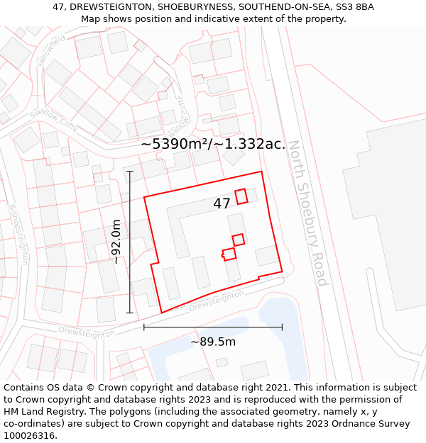 47, DREWSTEIGNTON, SHOEBURYNESS, SOUTHEND-ON-SEA, SS3 8BA: Plot and title map