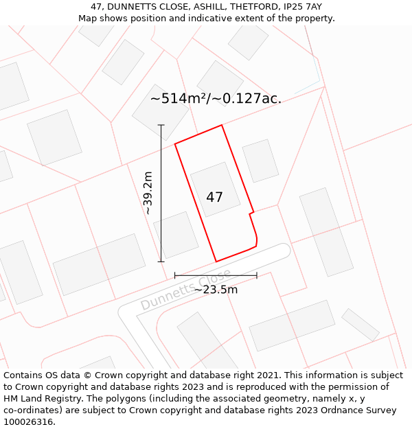 47, DUNNETTS CLOSE, ASHILL, THETFORD, IP25 7AY: Plot and title map