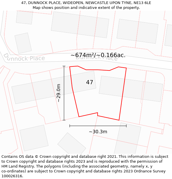 47, DUNNOCK PLACE, WIDEOPEN, NEWCASTLE UPON TYNE, NE13 6LE: Plot and title map