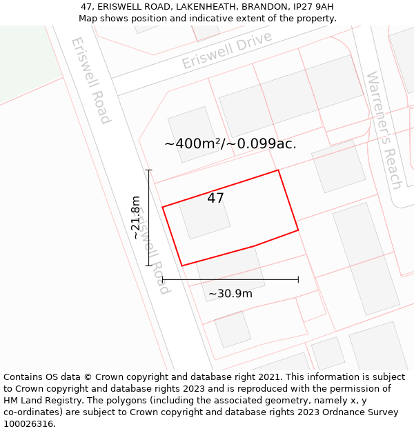 47, ERISWELL ROAD, LAKENHEATH, BRANDON, IP27 9AH: Plot and title map