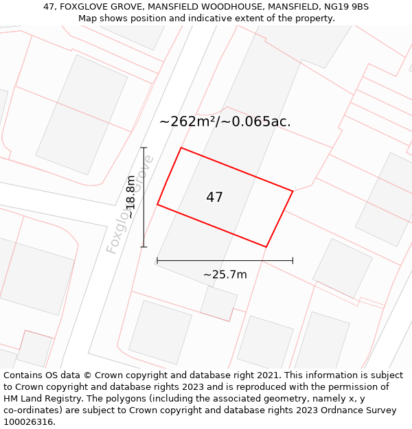 47, FOXGLOVE GROVE, MANSFIELD WOODHOUSE, MANSFIELD, NG19 9BS: Plot and title map