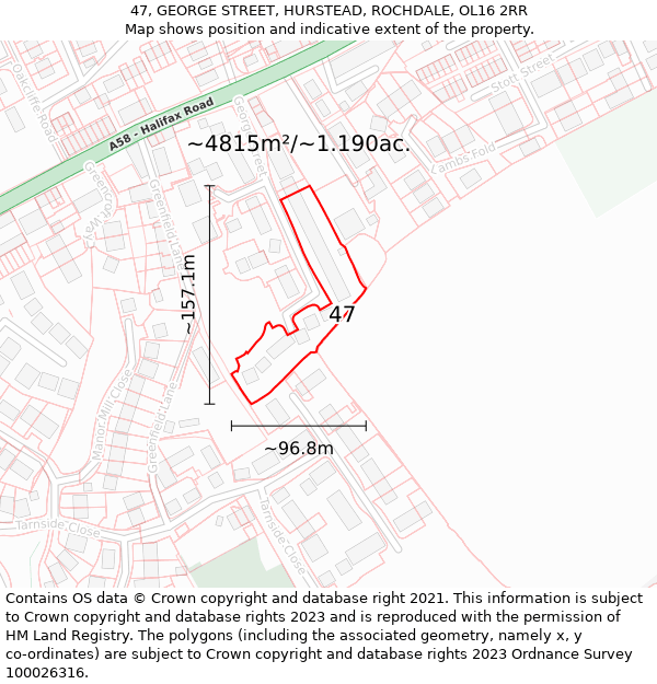 47, GEORGE STREET, HURSTEAD, ROCHDALE, OL16 2RR: Plot and title map