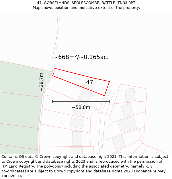 47, GORSELANDS, SEDLESCOMBE, BATTLE, TN33 0PT: Plot and title map