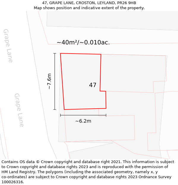 47, GRAPE LANE, CROSTON, LEYLAND, PR26 9HB: Plot and title map