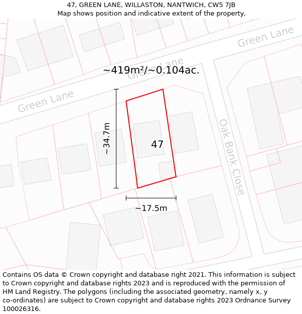 47, GREEN LANE, WILLASTON, NANTWICH, CW5 7JB: Plot and title map