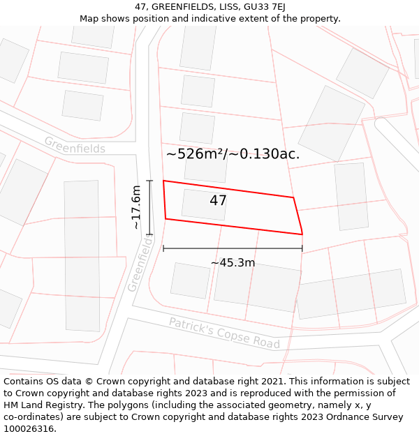 47, GREENFIELDS, LISS, GU33 7EJ: Plot and title map