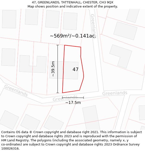 47, GREENLANDS, TATTENHALL, CHESTER, CH3 9QX: Plot and title map